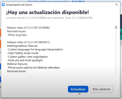 hay una actualización disponible zoom